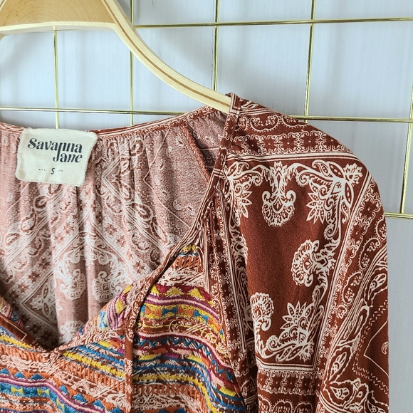 Savanna Jane Red Tan Bandana Embroidery Western Long Sleeve Blouse - Picture 6 of 12